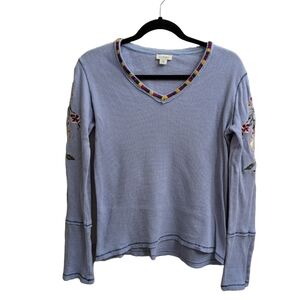 Sundance Floral Embroidered Thermal Top Sz XS Waffle Tee Purple Blue Women